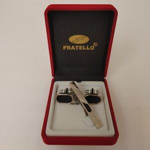 MEN'S FRATELLO CUFFLINKS & TIE CLIP SILVER, BLACK ABSTRACT DESIGN.